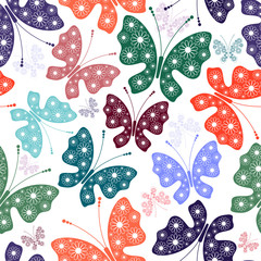 Seamless white floral pattern with butterflies
