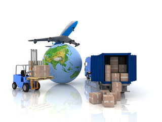 airliner with a globe and auto loader with boxes