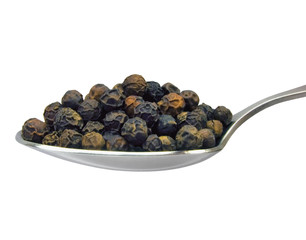 Spoon of black pepper grains, isolated on white, macro closeup