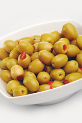 green olives, stuffed with red peppers