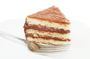 Slice of chocolate cake with a fork