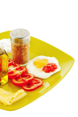 tomatoes, olive oil, fried eggs