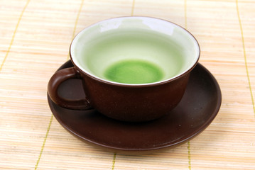 a cup of tea on bamboo tray