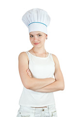 cook in  toque over white