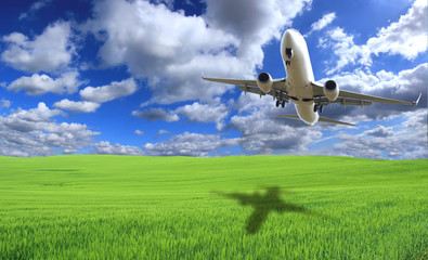 Fototapeta na wymiar Duży samolot odrzutowy latania nad zielonym polu