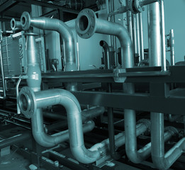 Installation of industrial pipelines in blue tones