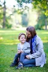 Mother and son outdoors