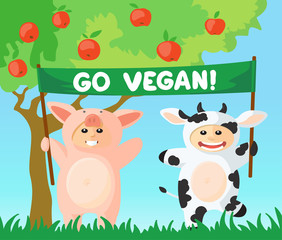 Cow and pig with go vegan banner