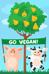 Cow and pig with go vegan banner