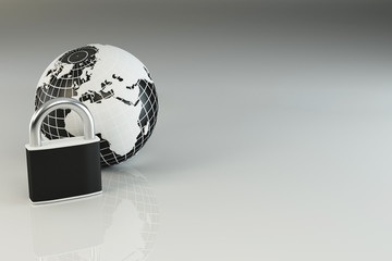 Earth with padlock on grey background