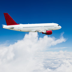 the airplane with the blue sky background.