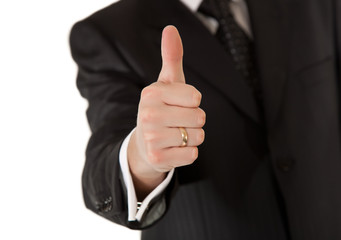 Business man in suit thumbs up on white isolated background