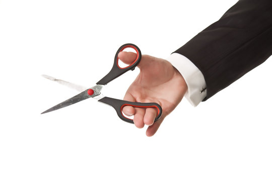 Man Holding Scissors On White Isolated Background