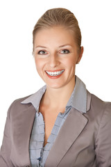 Caucasian blond businesswoman in suit with pencil on white isola