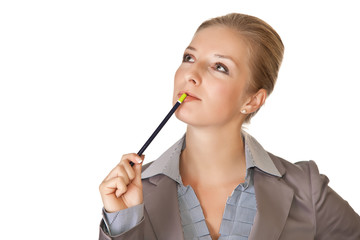 Caucasian blond businesswoman in suit with pencil on white isola