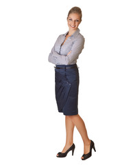 Caucasian blond businesswoman in suit  on white isolated backgro