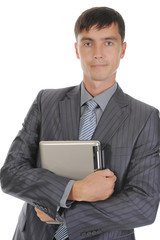 Businessman holding laptop