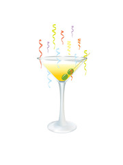 Martini glass with olives and party streamers