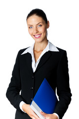 Portrait of smiling businesswoman with blue folder, isolated