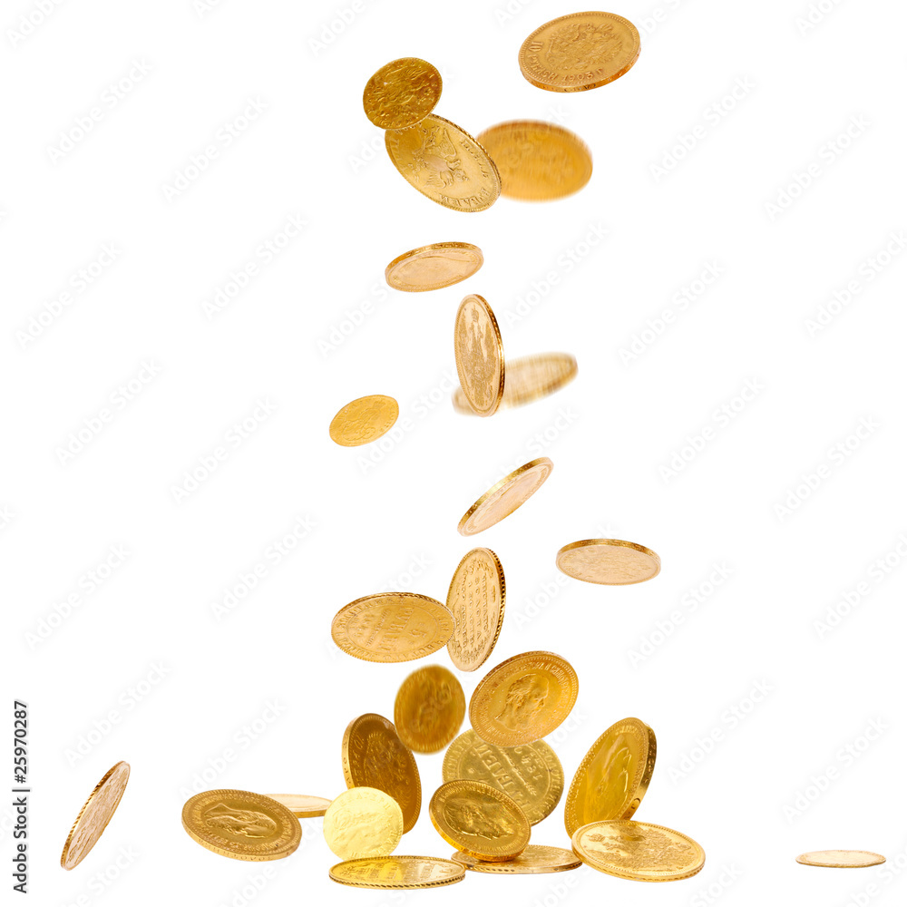 Poster Falling Gold Coins isolated on white background