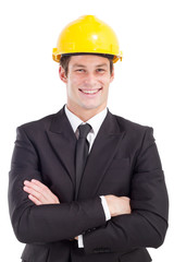 businessman wearing construction hard hat