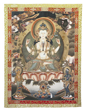 Inner part (cut out) of Tibetan thangka with Chenrezig