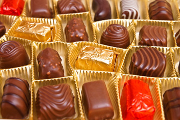 Various chocolates candies in a box
