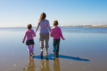 Mother and Daughters walking on beach