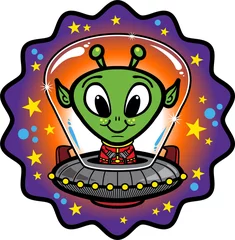 Tableaux ronds sur aluminium brossé Cosmos Alien amical dans UFO