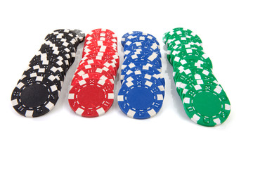 colorful poker casino chips over white background