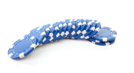 blue poker casino chips over white background