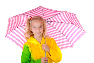 young blonde girl under pink umbrella over white background