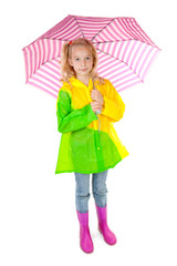 young blonde girl under pink umbrella over white background
