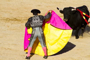 Rolgordijnen Stierenvechten Matador en stier in stierengevecht. Madrid, Spanje.