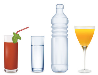 Two glasses of juice and some water. Vector.