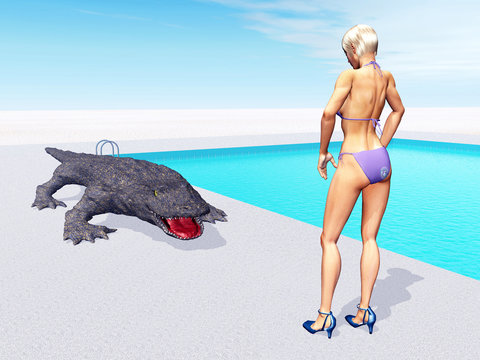 Frau und Alligator am Swimming Pool