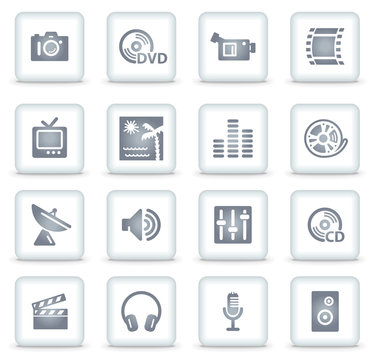 Media vector web icons, white square buttons