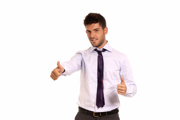 Young businessman ok symbol gesture with two hands, isolated