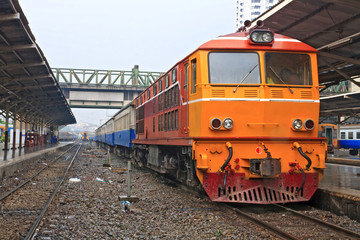 Fototapeta premium Closeup of Red orange train, Diesel locomotive.
