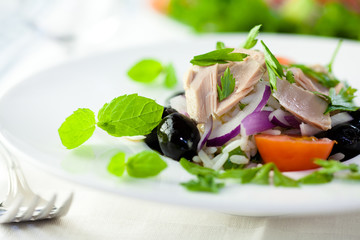 Closeup of tuna salad with fresh herbs