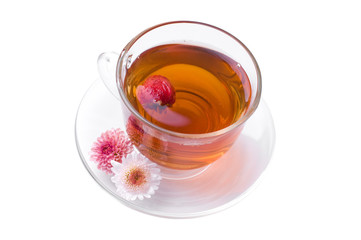 cup of herbal tea with flowers  isolated on white