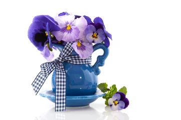 Acrylic prints Pansies Blue vase with pansies