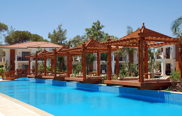 pool and wood pergola
