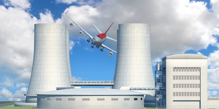 flugzeug vor atomkaftwerk