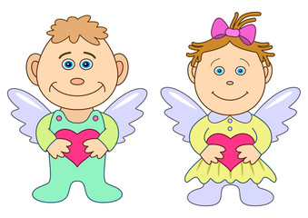 Girl and boy angels with hearts