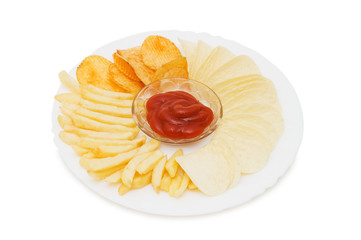 the potato chips with sauce  isolated on white