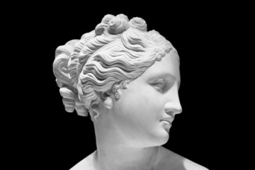 Classic white bust of Greek goddess isolated on black - obrazy, fototapety, plakaty