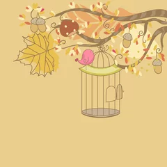 Papier Peint photo Oiseaux en cages carte d& 39 automne avec oiseau et cage à oiseaux