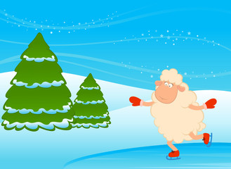 Cartoon funny sheep goes for a drive on skates. Vector