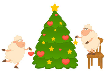 Cartoon funny sheep dresses up a fir-tree. Vector